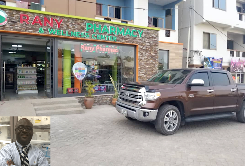 Dr. Nyame-Mireku (inset) and the entrance to his new pharmacy